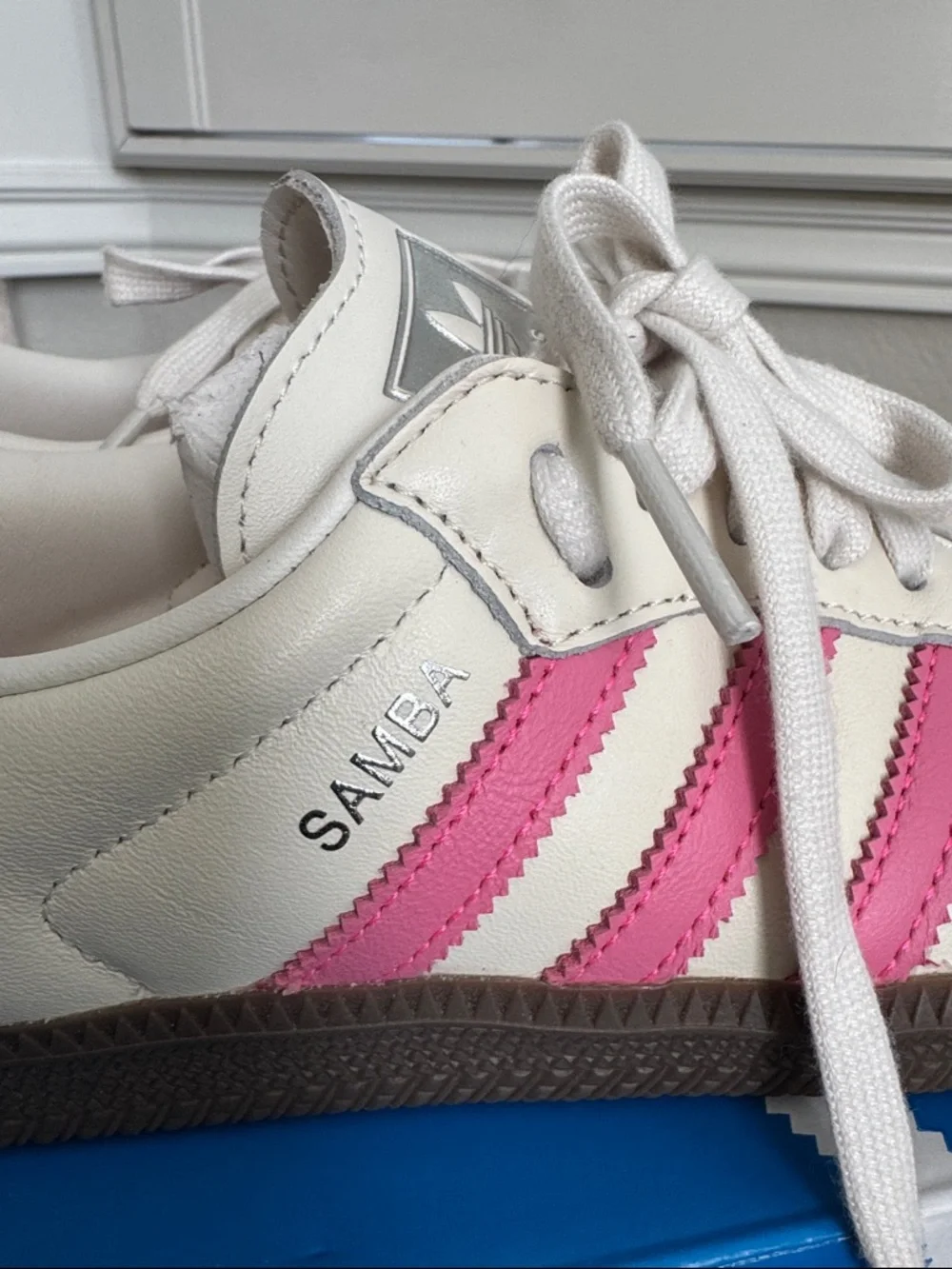Womens Adidas Samba OG W Cream with Pink Stripes and Brown Sole - Picture 7 of 11